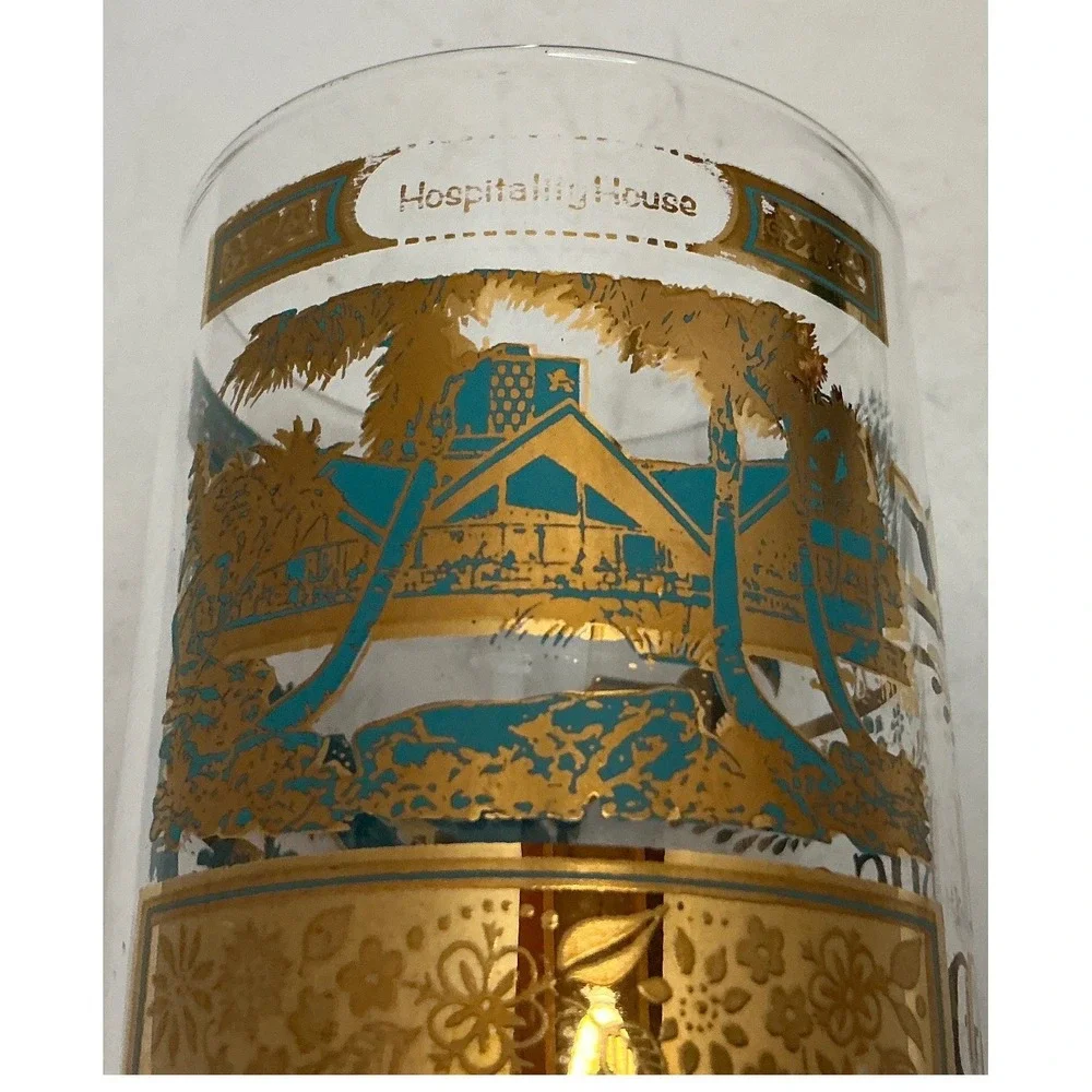 Vintage Souvenir Highball Glasses Busch & Bellingrath Gardens Gold Teal